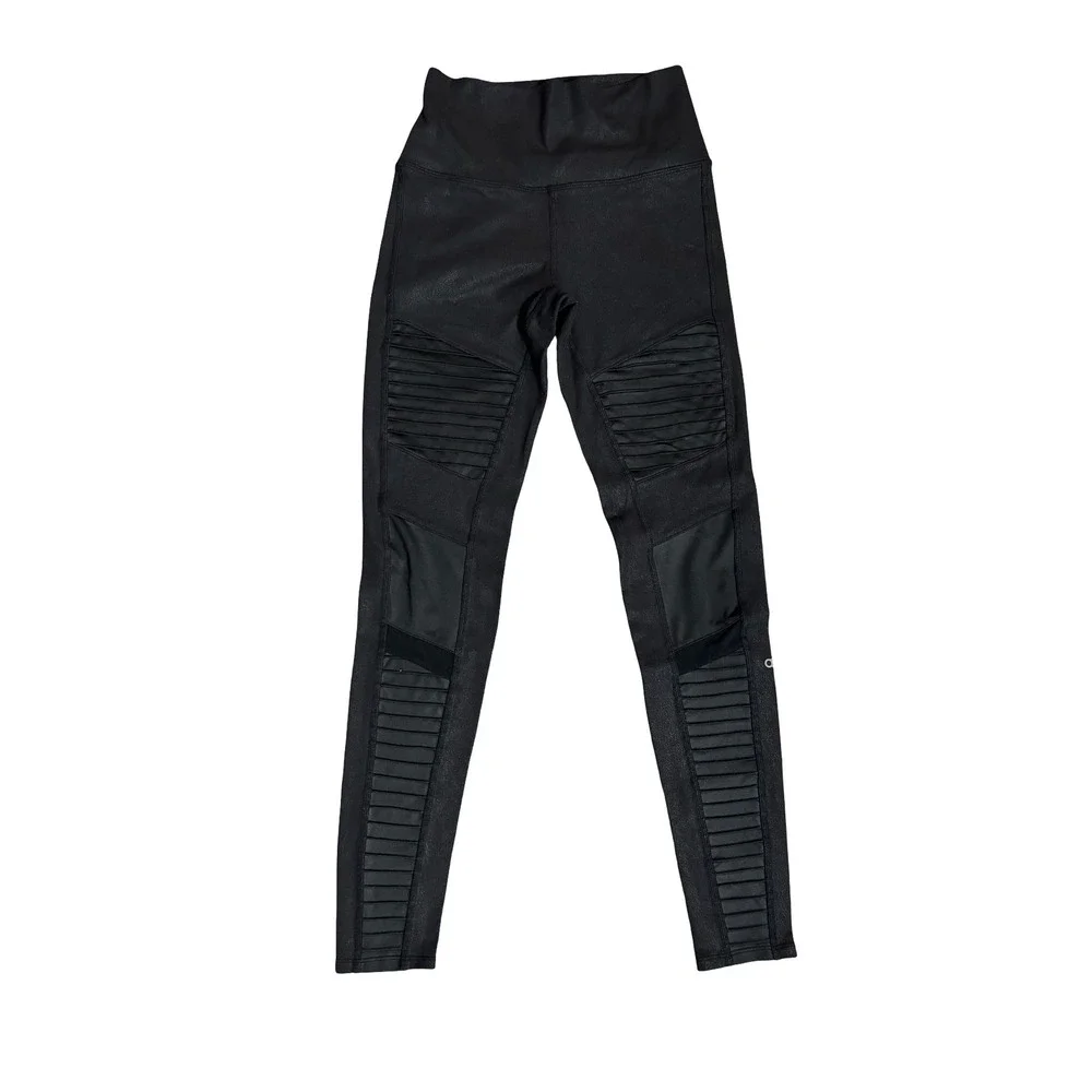 Alo Yoga High-Waist Moto Leggings S Black Glossy Quilted Mesh Activewear